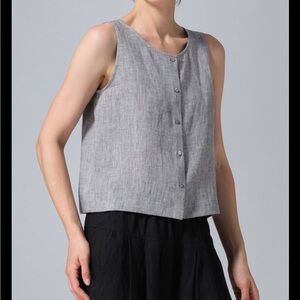 Button Down Beige Linen Blend Vest Minimalist Modern Sleeveless spring Top Small